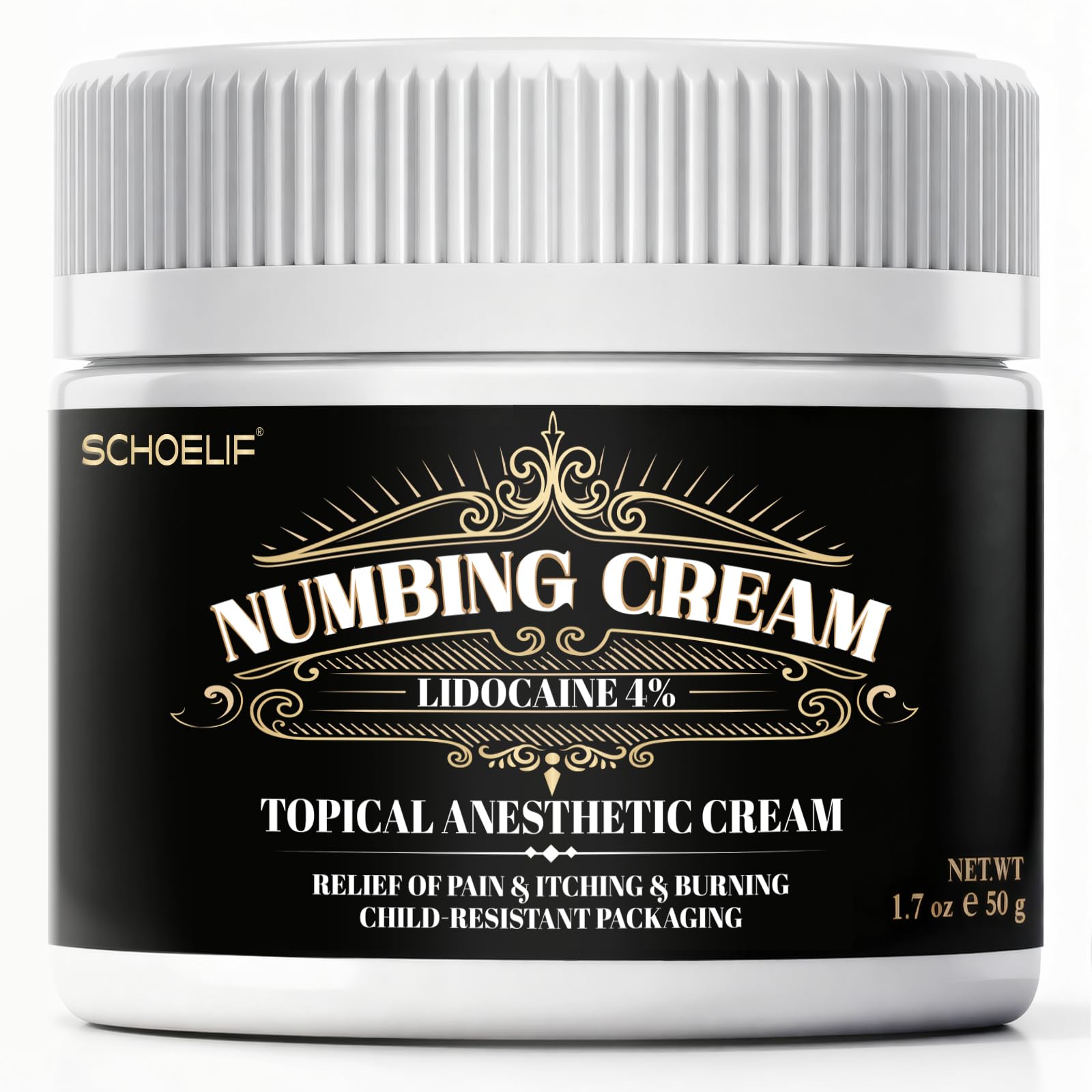 SCHOELIF Numbing Cream tube closeup shows compact packaging and fast-acting relief potential.