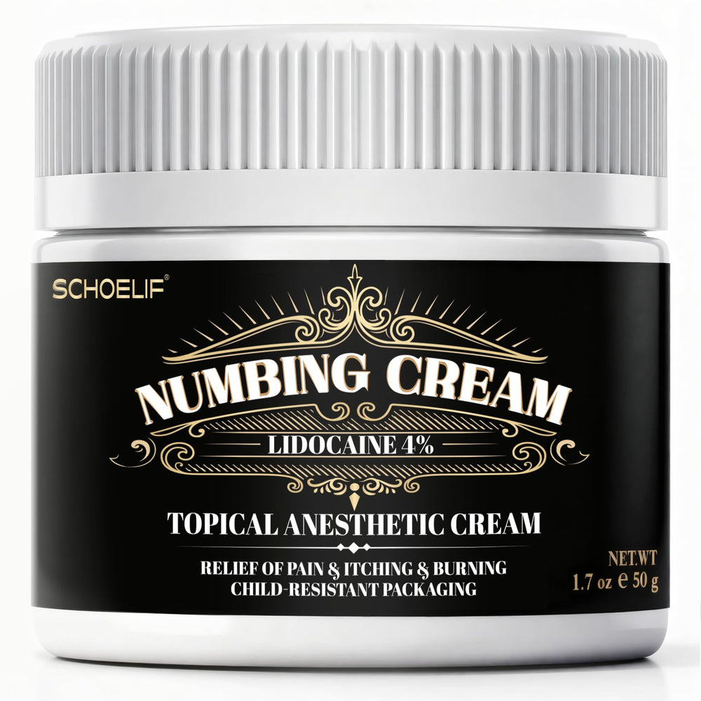 SCHOELIF Numbing Cream tube closeup shows compact packaging and fast-acting relief potential.