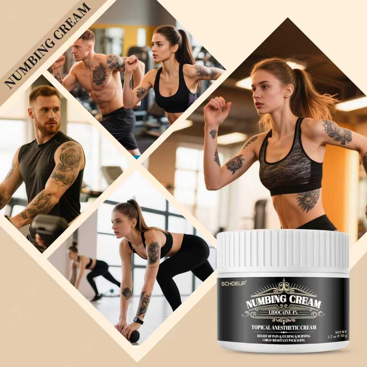 SCHOELIF Numbing Cream vitamin-e-oil image underscores nourishing hydration during temporary relief.