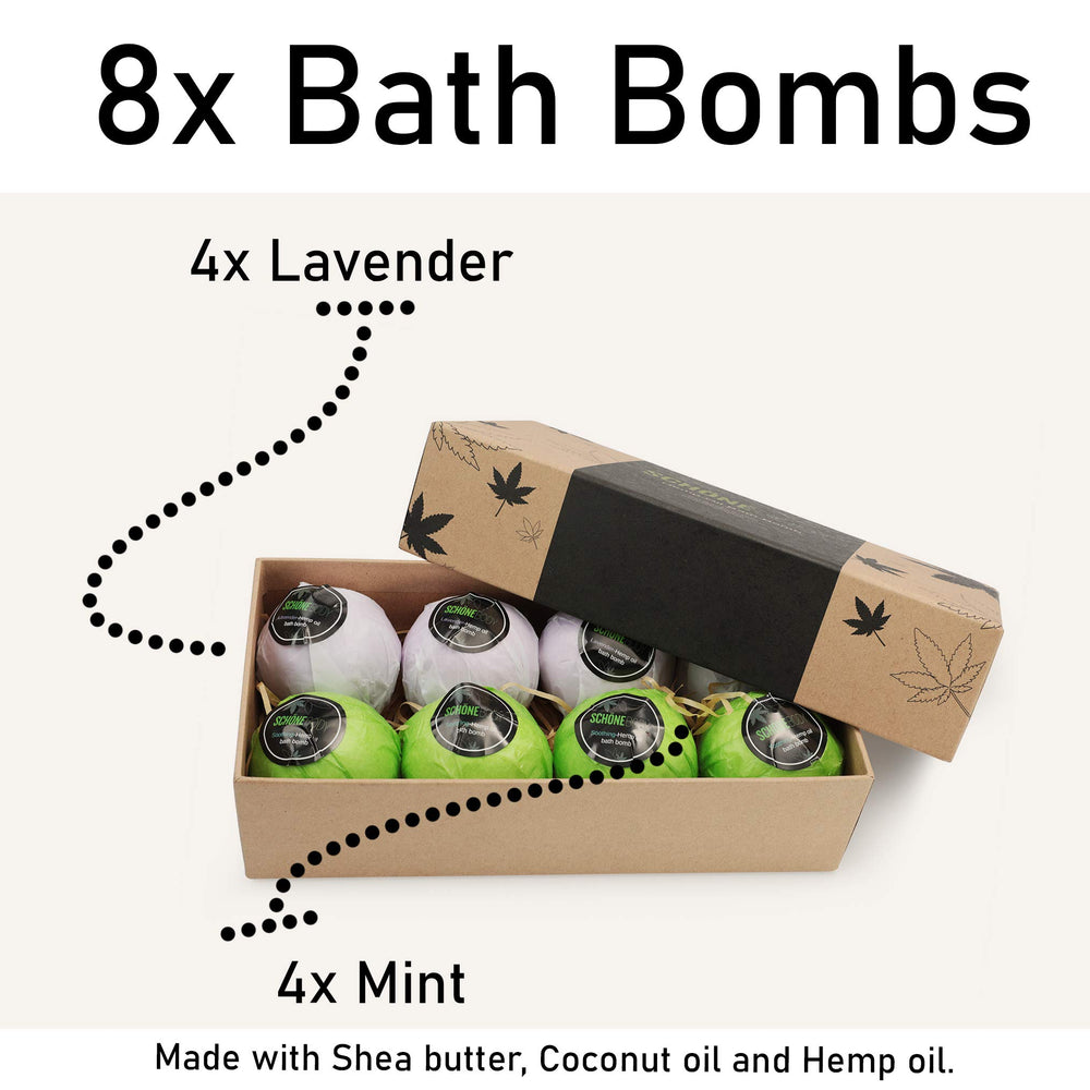 Schone Body 8-pack bath bombs packaging back highlights ingredients