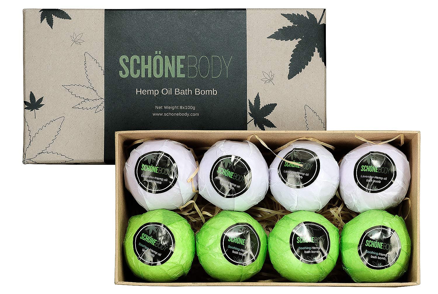 Schone Body 8-pack bath bombs on box front for a spa-like soak