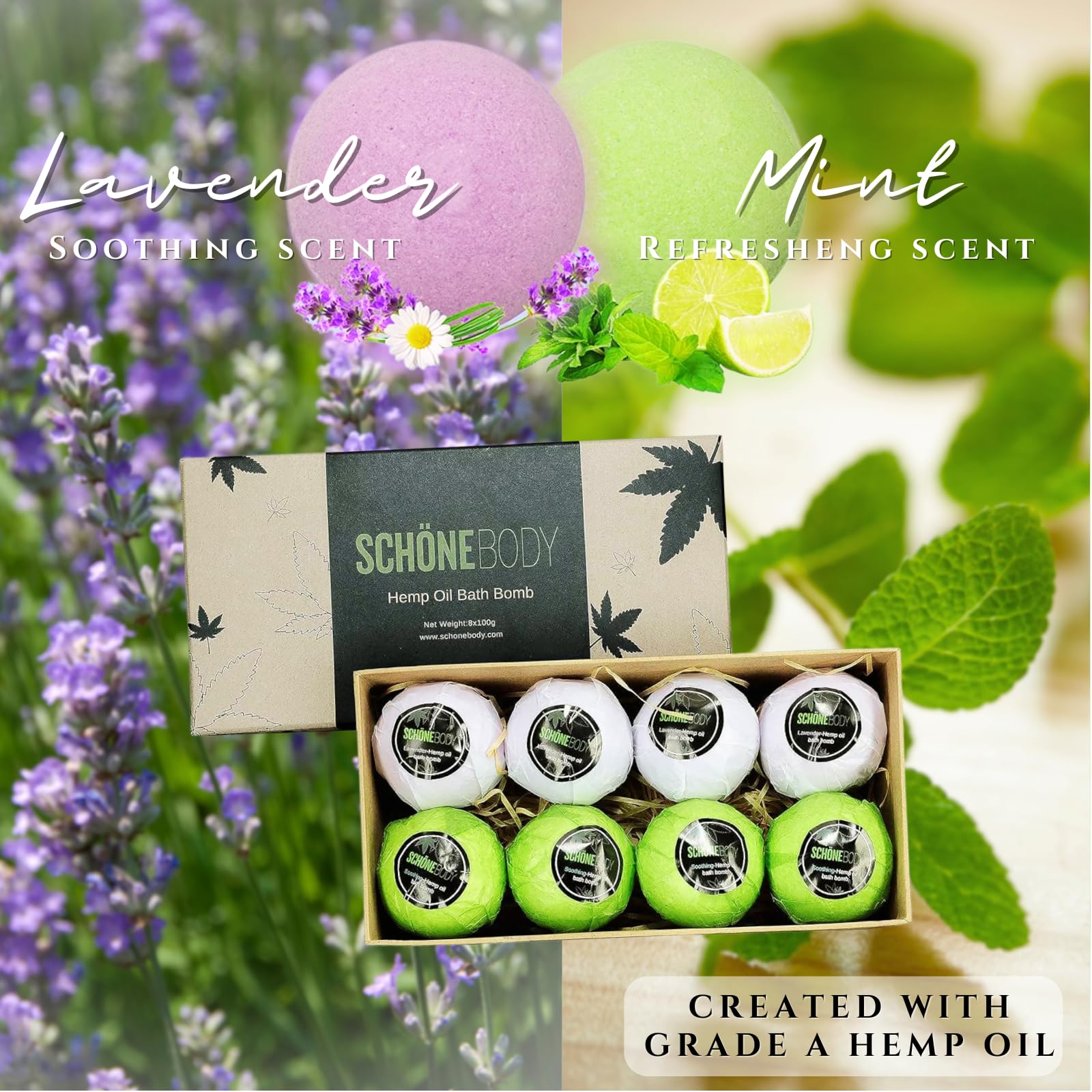 Schone Body lavender bath bombs close-up with calming aroma