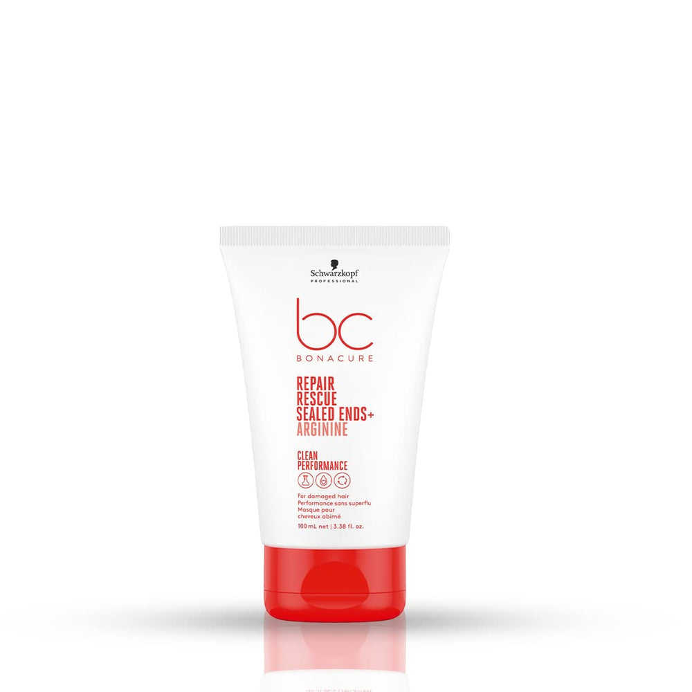 Schwarzkopf BC Bonacure Peptide Repair Rescue Sealed Ends bottle close-up signaling stronger, smoother ends.