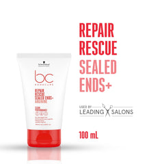 Schwarzkopf BC Bonacure Peptide Repair Rescue Sealed Ends on damp hair demonstrates end-sealing for frizz control.
