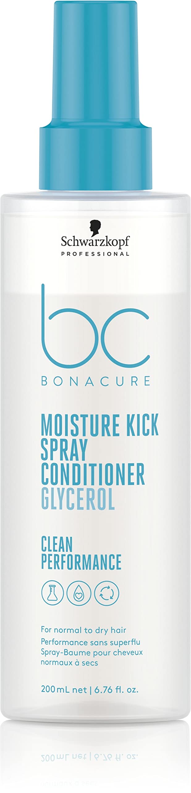 Schwarzkopf BC Moisture Kick spray bottle shows lightweight hydration for normal to dry hair