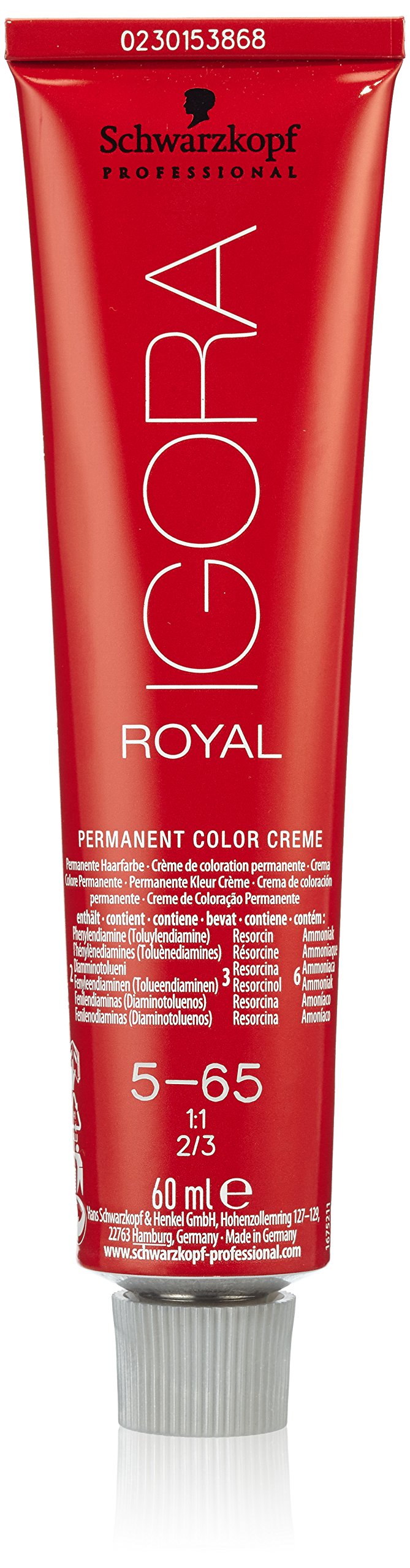 Schwarzkopf Igora Royal 5-65 bottle shows rich chocolate gold shade for long-lasting color
