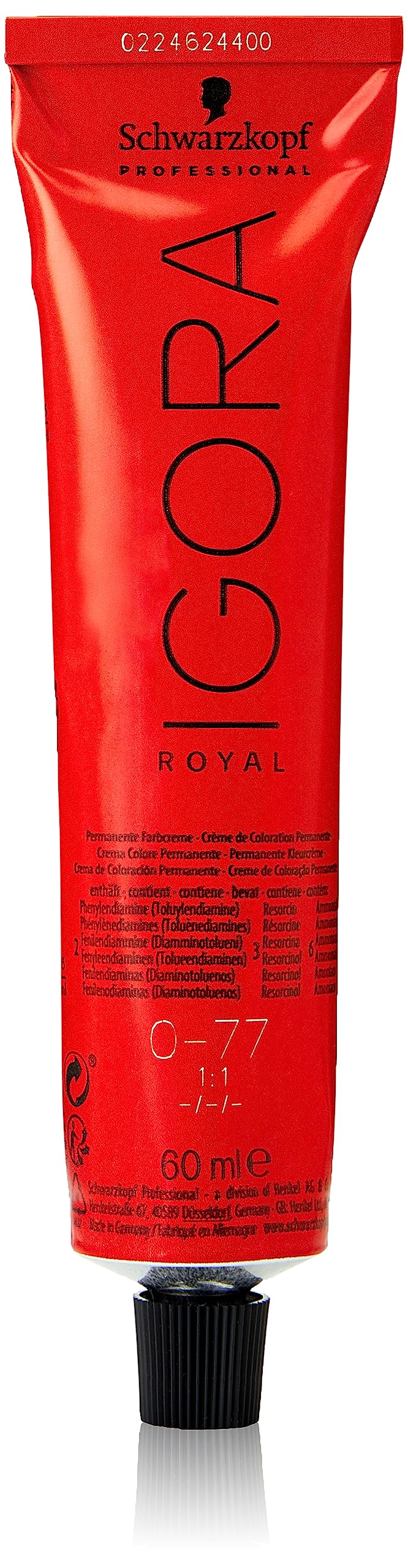Schwarzkopf IGORA ROYAL color creme 0-77 packaging shows professional-grade color option for salons.