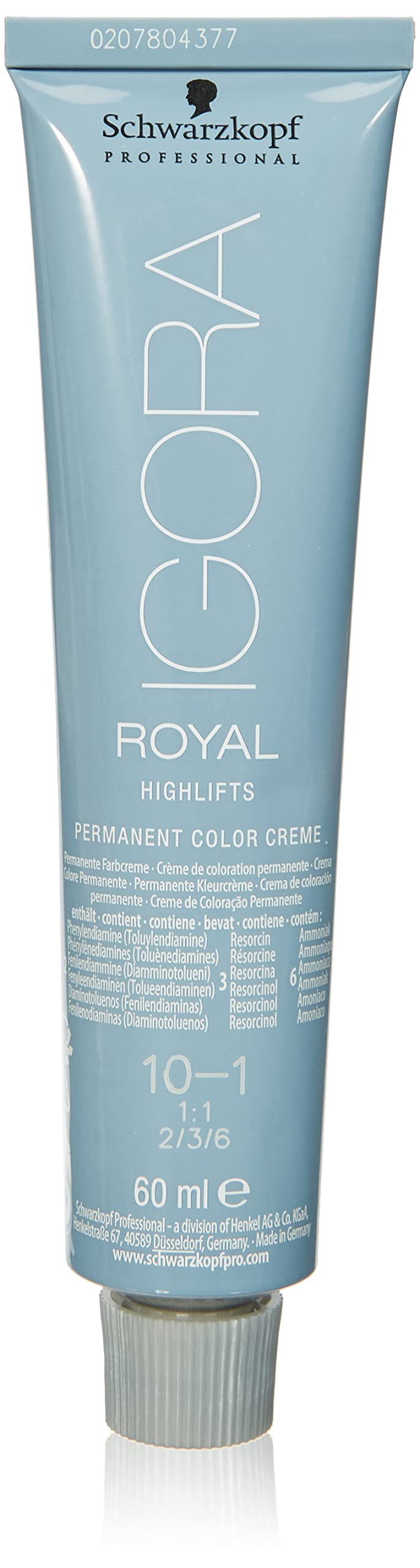Schwarzkopf Igora Royal Highlifts 10-1 bottle for cool platinum ash blonde color results.