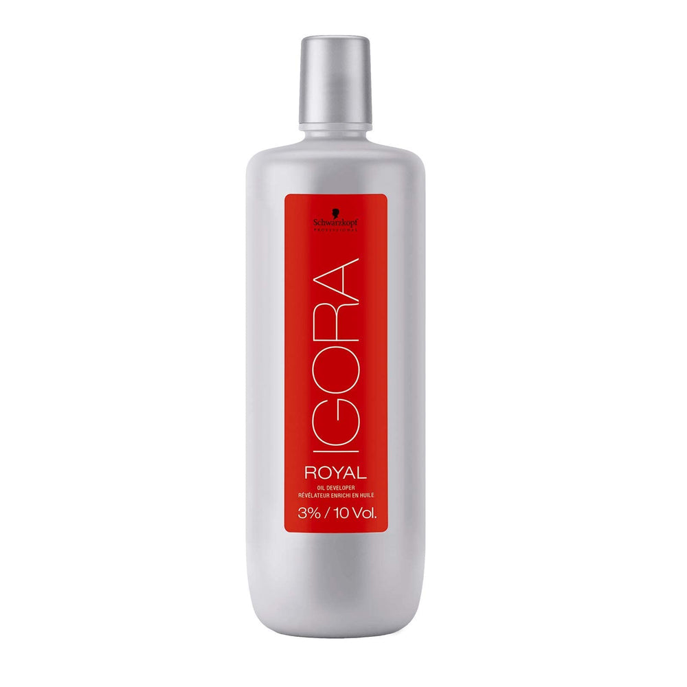 Schwarzkopf Igora Royal Oil Developer label shows product details for precise mixing.