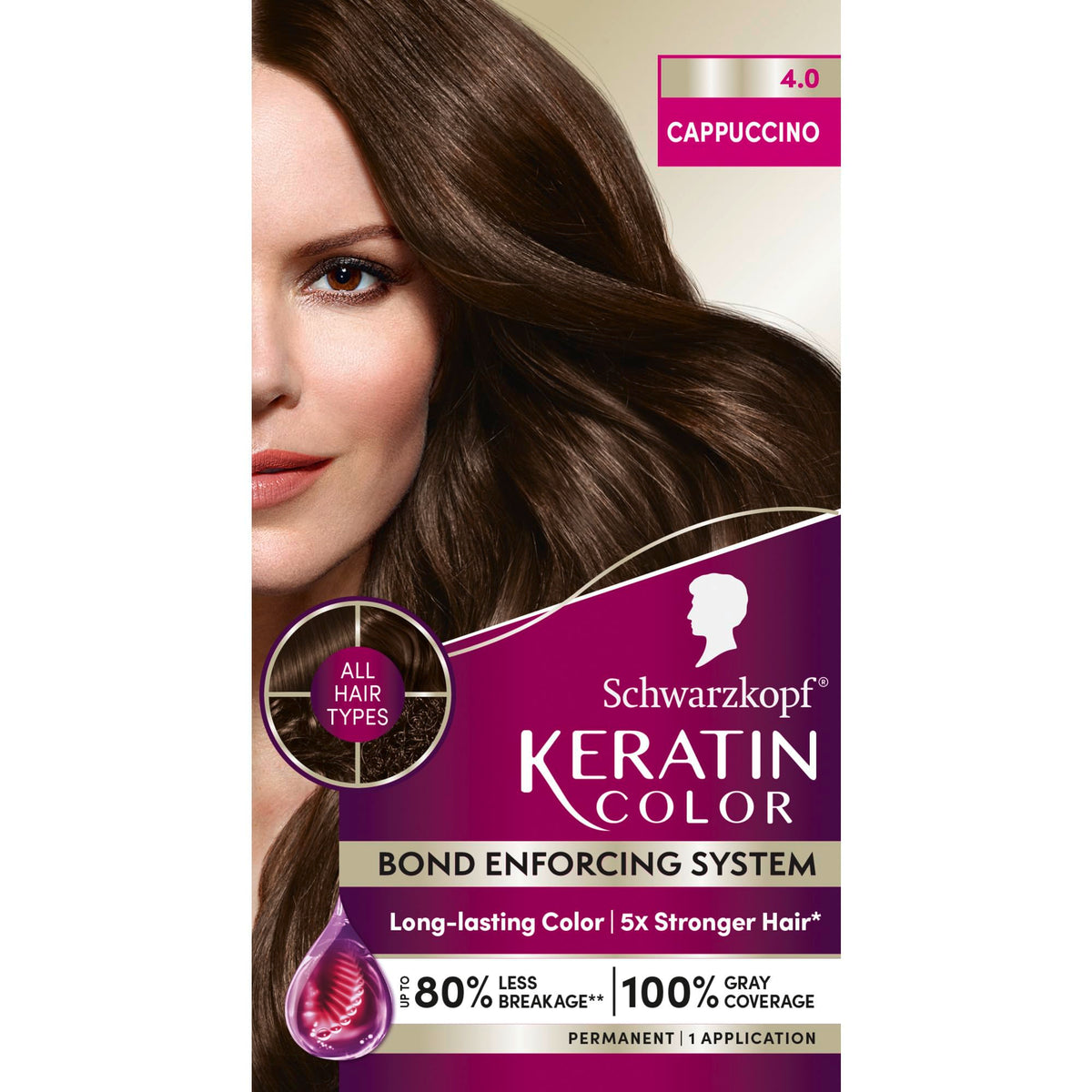 Schwarzkopf Keratin Color 4.0 Cappuccino tube closeup for vibrant, long lasting shade