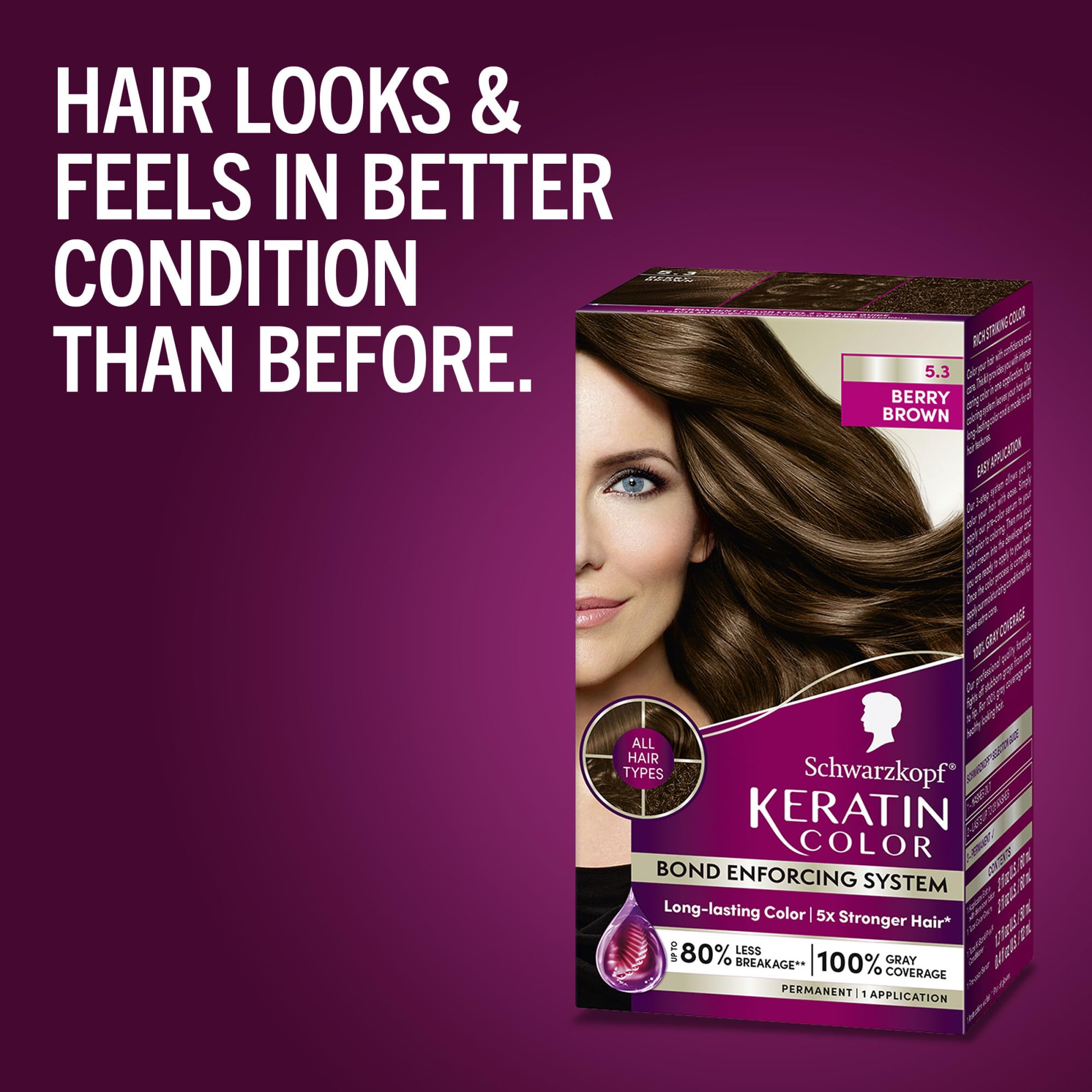 Schwarzkopf Keratin Color Berry Brown K-Bond Plex conditioner promotes hair strength.