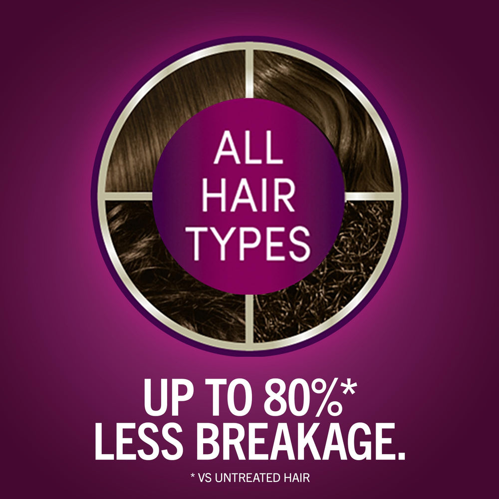 Keratin color cream bottle showing vibrant, multi-dimensional shade on hair.