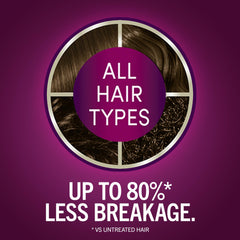 Keratin color cream bottle showing vibrant, multi-dimensional shade on hair.