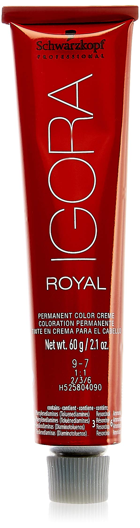Schwarzkopf Professional Igora Royal 9-7 swatches for vibrant extra light copper blonde shade in salon lighting.