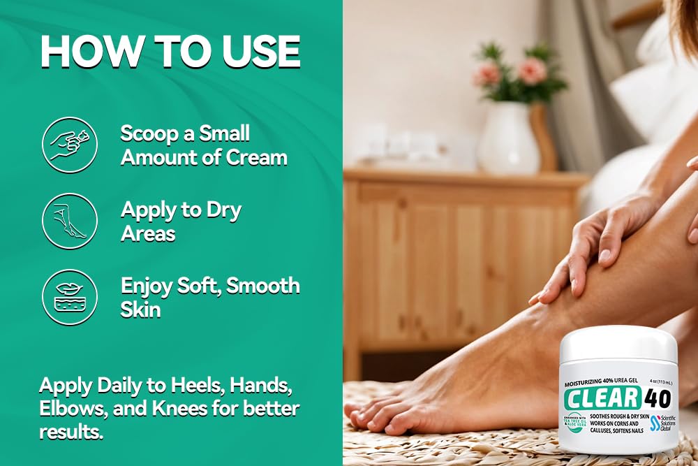 Foot care visuals showing calluses and corns treated by CLEAR 40