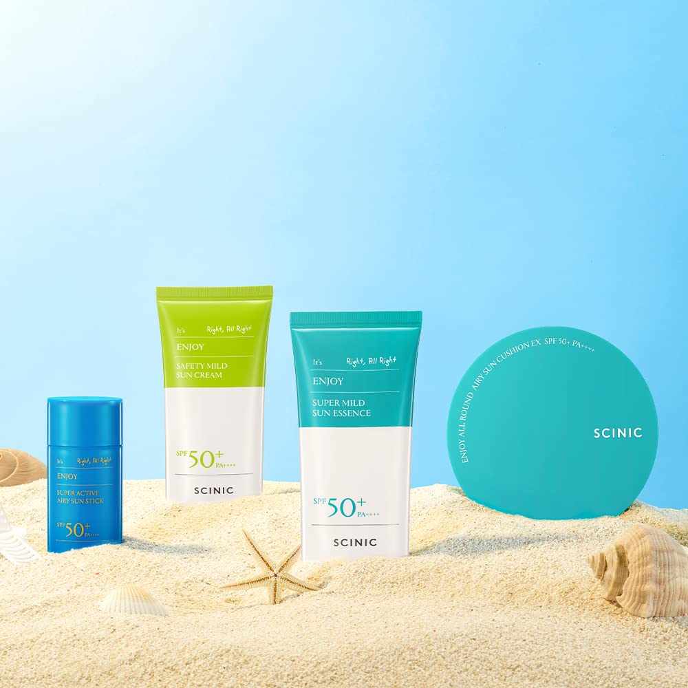 SCINIC Enjoy Sun Essence back-label confirms vegan, sunscreen benefits.