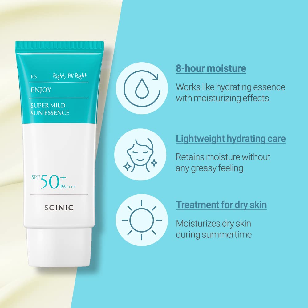 SCINIC Enjoy Sun Essence with soy protein hyaluronic acid boosts skin hydration balance.