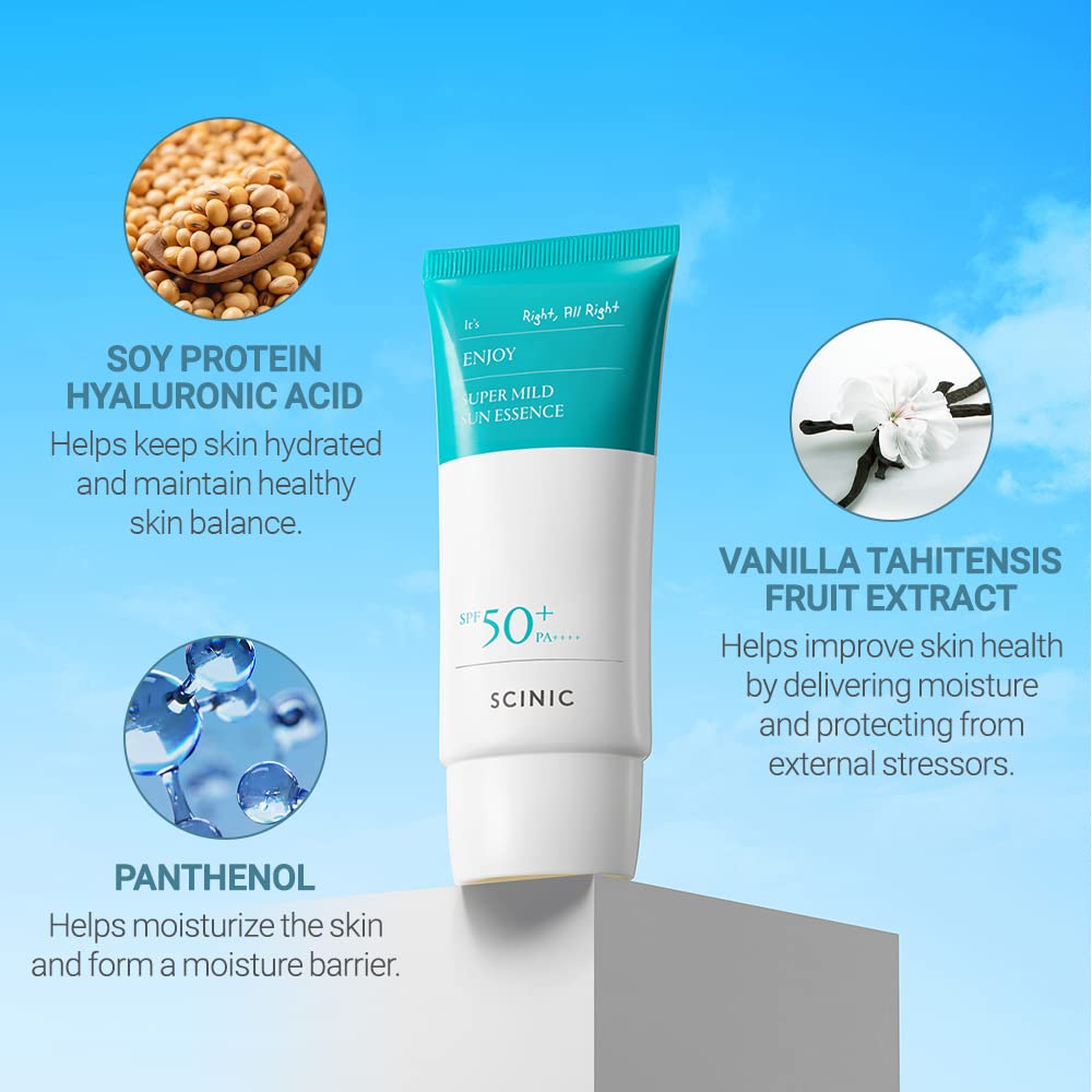 SCINIC Enjoy Sun Essence vegan certification badge confirms cruelty-free formulation.