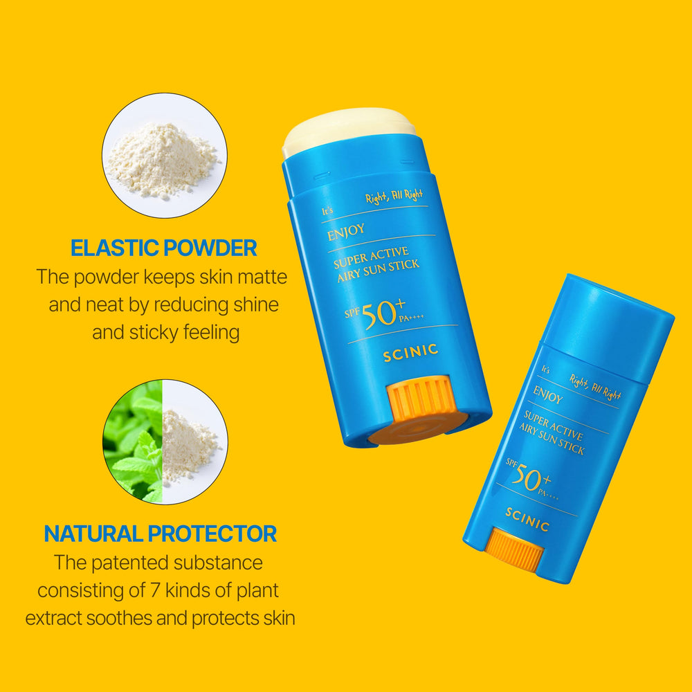 SCINIC Enjoy Super Active Airy Sun Stick delivers a powdery finish and clean look