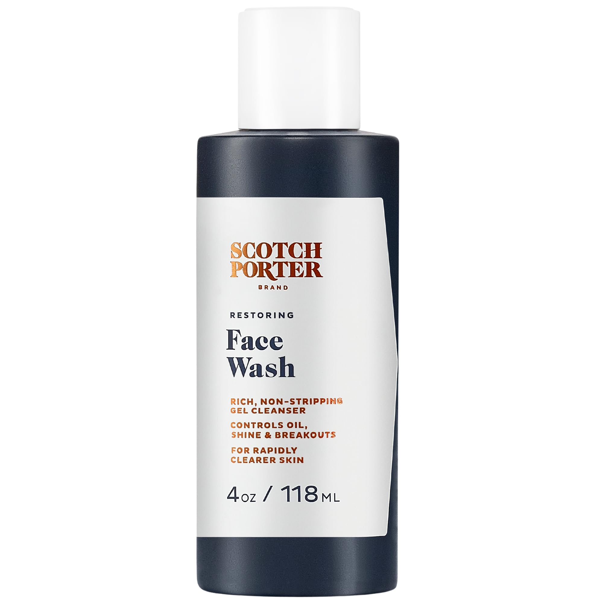 Scotch Porter Restoring Face Wash bottle front shows vegan gel cleanser for everyday refreshing cleanse.
