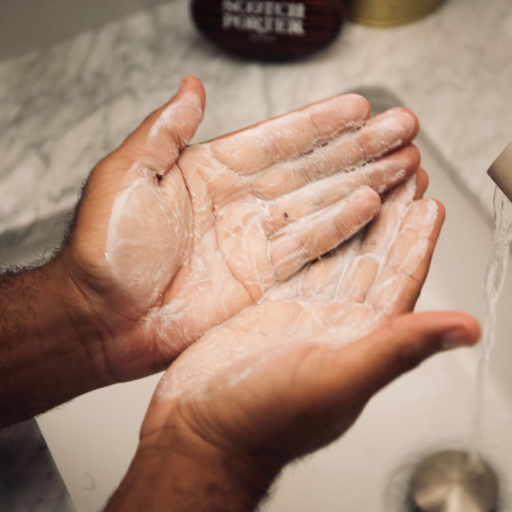 Scotch Porter Restoring Face Wash packaging box highlights easy daily use.