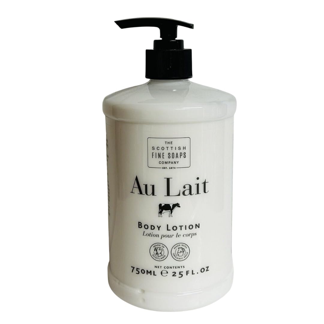 Scottish Fine Soaps Au Lait Body Lotion bottle delivers nourishing hydration for all-day softness.