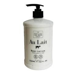 Scottish Fine Soaps Au Lait Body Lotion bottle delivers nourishing hydration for all-day softness.