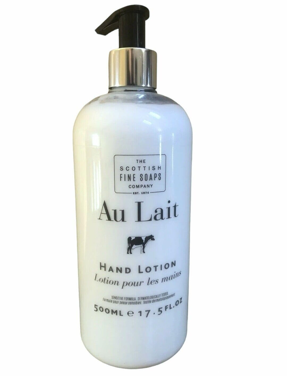 Scottish Fine Soaps Au Lait Hand Lotion pump bottle for daily moisturizing.