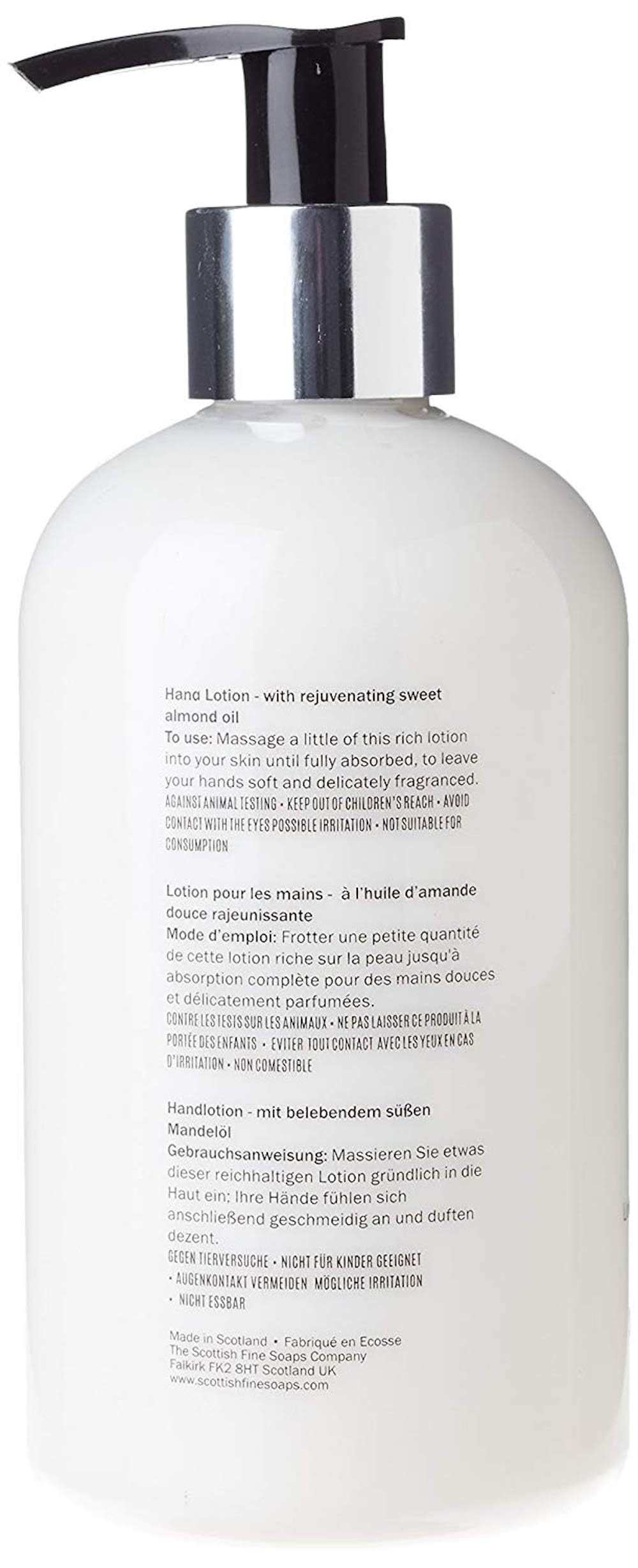 Scottish Fine Soaps Au Lait Hand Lotion close-up cap reveals rich texture for smooth hands.