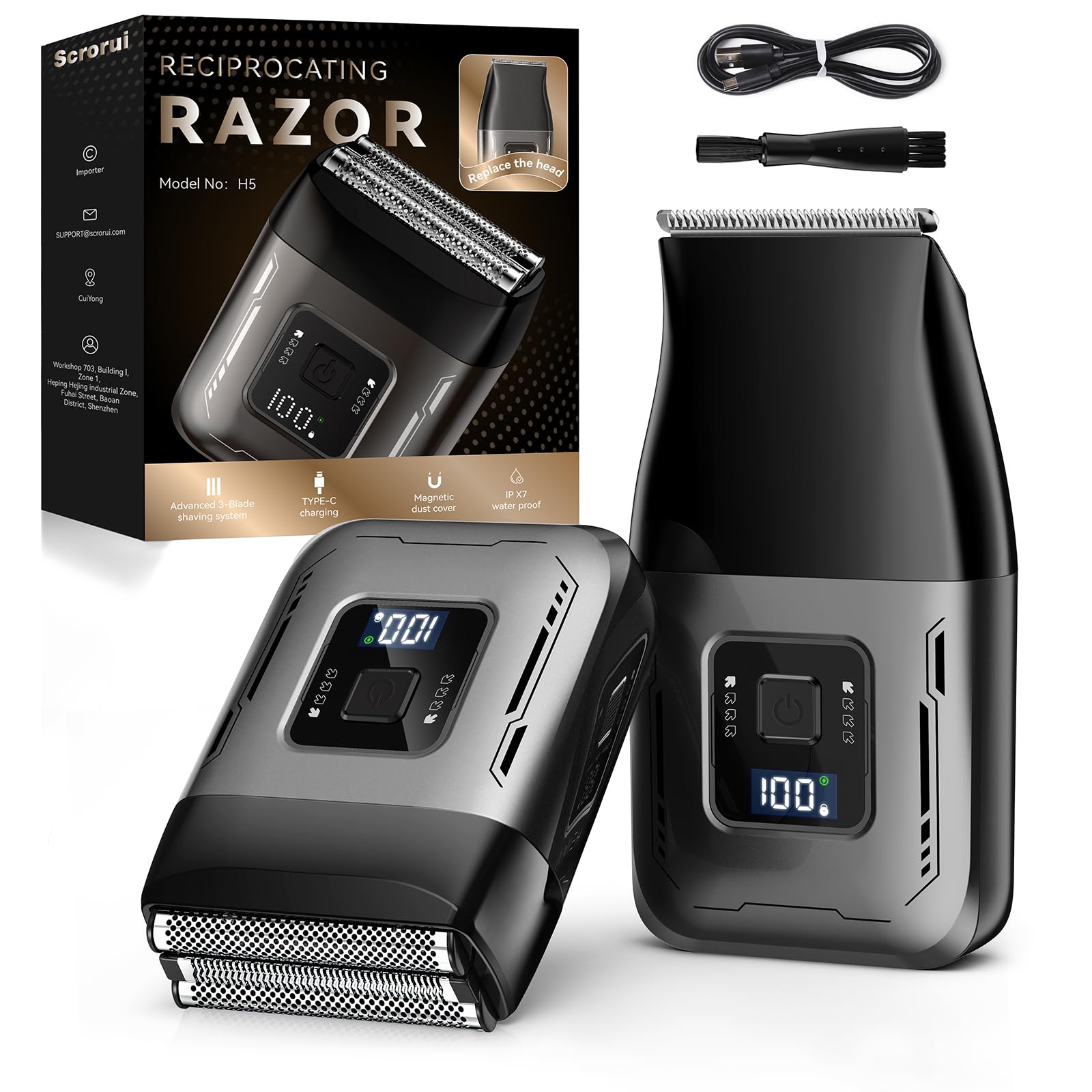 Scrorui cordless foil shaver front view showcases ergonomic design for daily comfort.