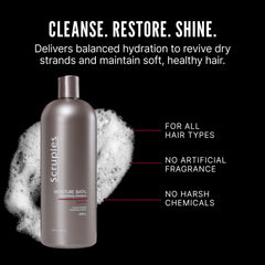 Scruples Moisture Bath Shampoo wet hair closeup shows hydrated, smooth strands