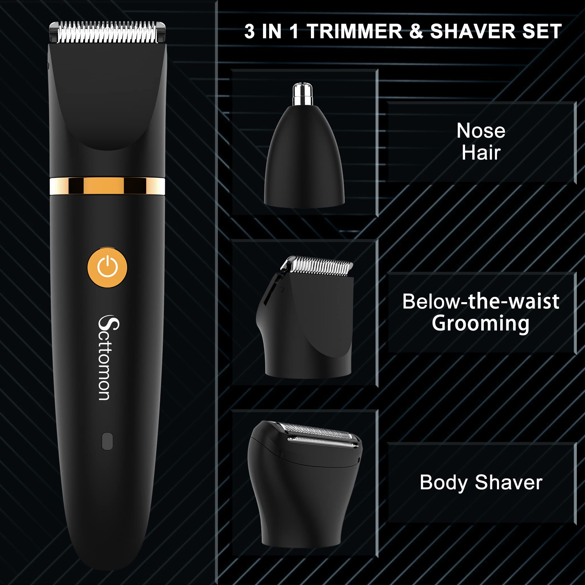 Scttomon body trimmer head detail shows efficient body hair trimming.