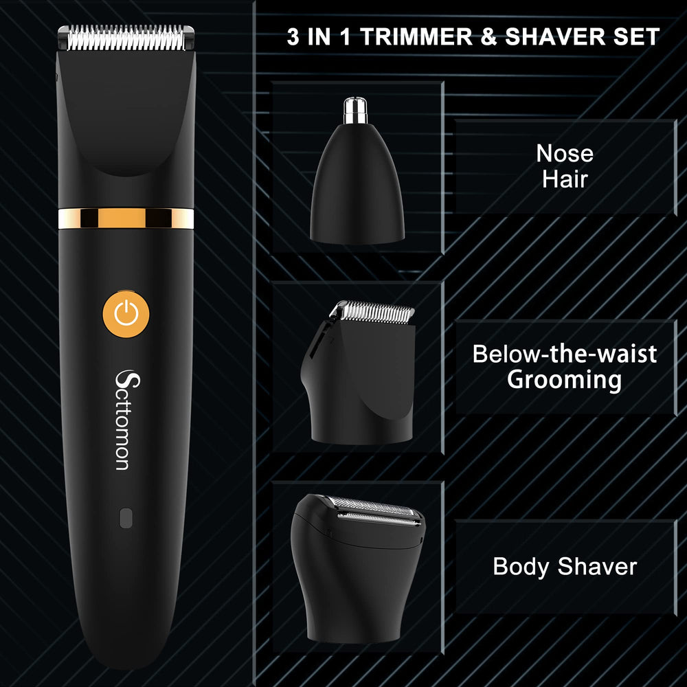 Scttomon body trimmer head detail shows efficient body hair trimming.