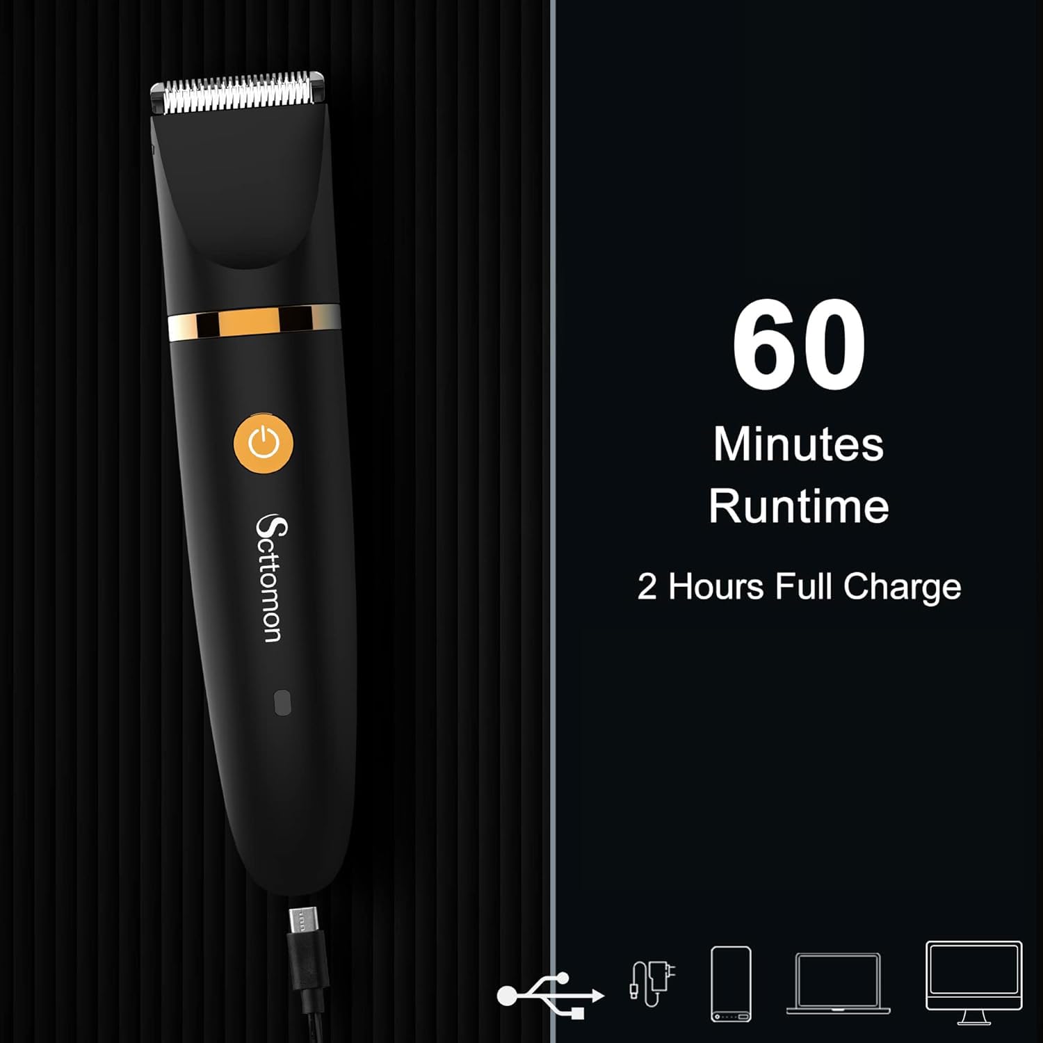Scttomon rechargeable battery image implies 60 minutes of cordless grooming.
