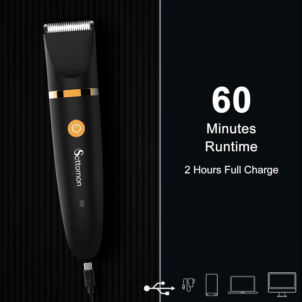 Scttomon rechargeable battery image implies 60 minutes of cordless grooming.