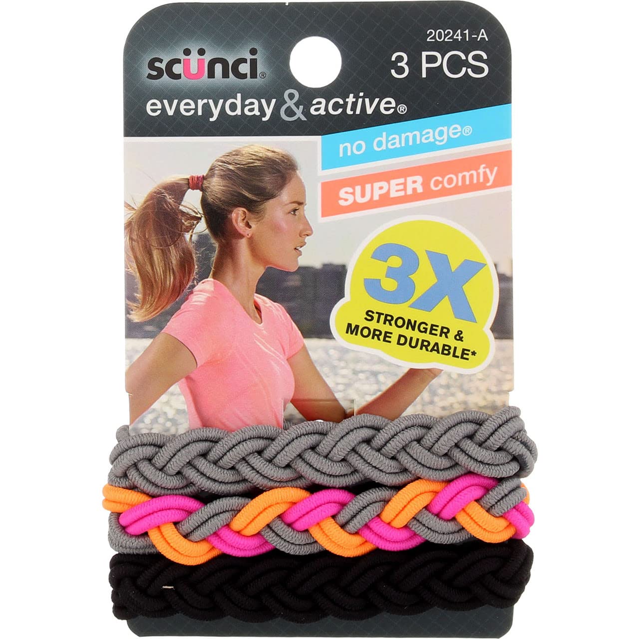 Scunci everyday-active 3-strand braided elastics pack offers versatile colors and a secure hold.