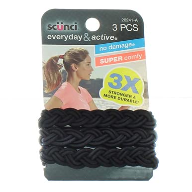 Scunci multi-pack in-use shot suggests easy hair management during workouts.