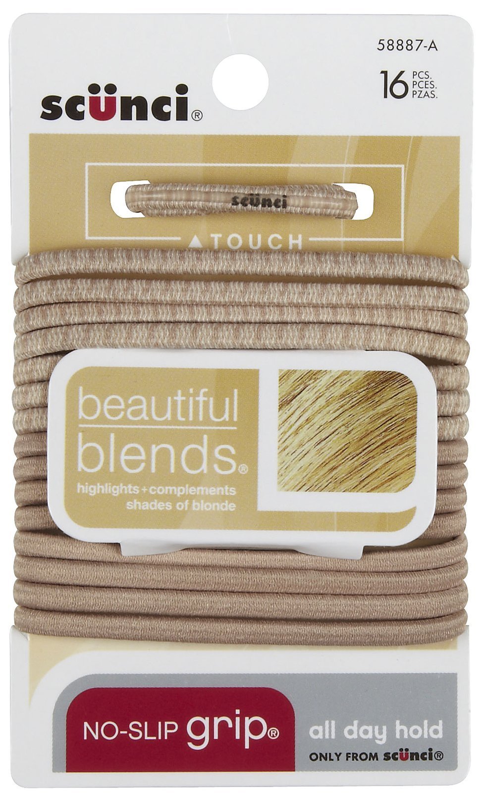 Scunci No Damage elastic hair ties in blonde with no-slip grip for all-day versatility.