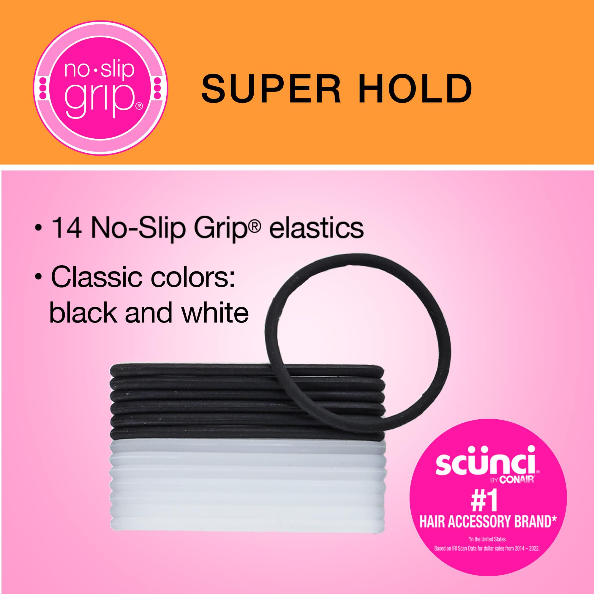 Scunci No-Slip Grip elastic hair ties closeup texture shows a snag-free surface for gentle styling.