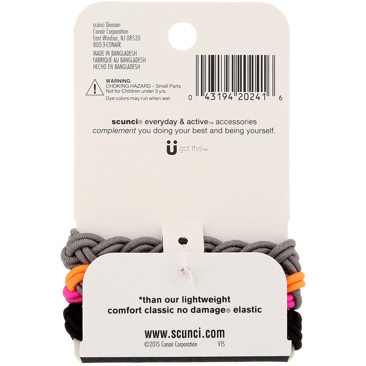 Scunci soft-braid elastics offer a comfy fit for all-day wear.