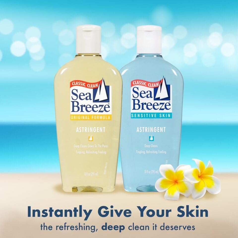 Sea Breeze Sensitive Skin Astringent closeup-ingredients emphasizes deep-cleaning formula.