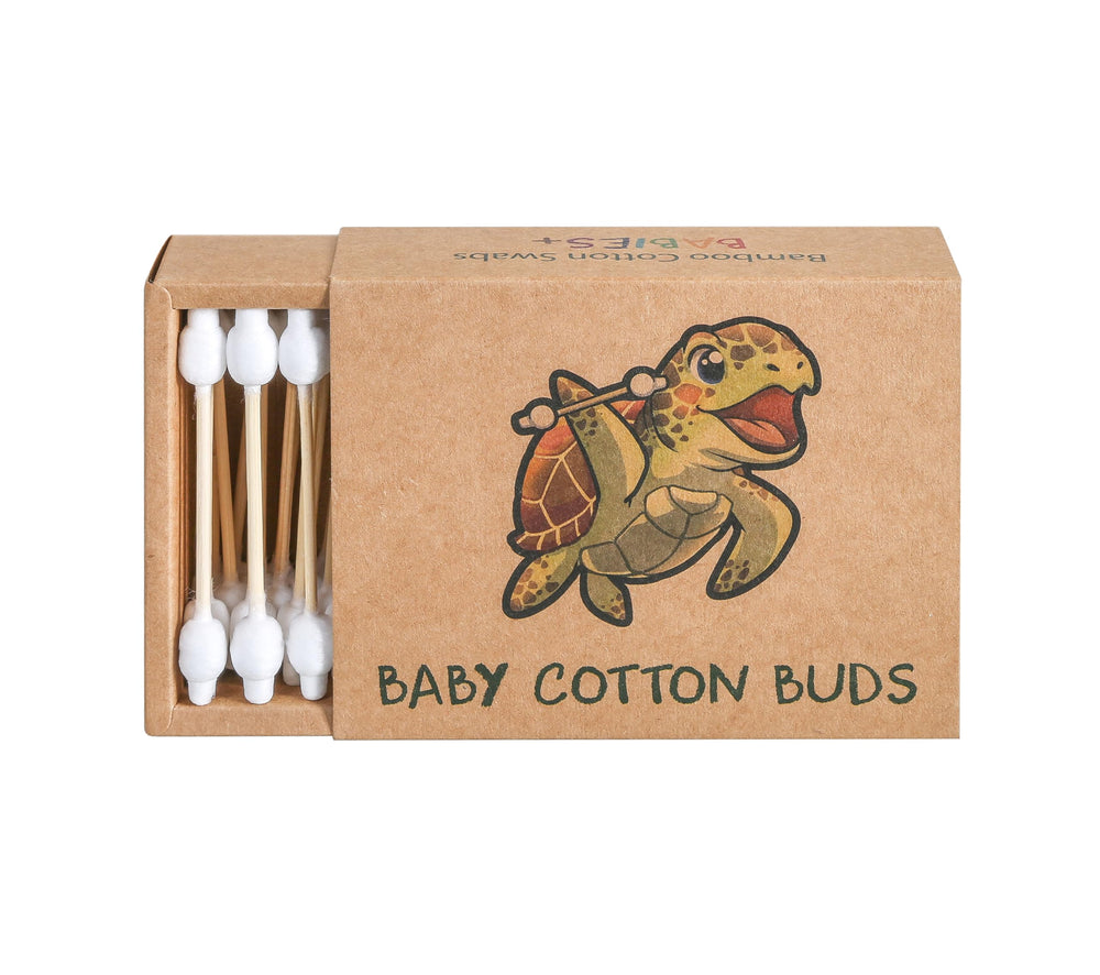 Sea Turtle Bamboo Cotton Swabs packaging highlights eco-friendly kraft packaging for travel.
