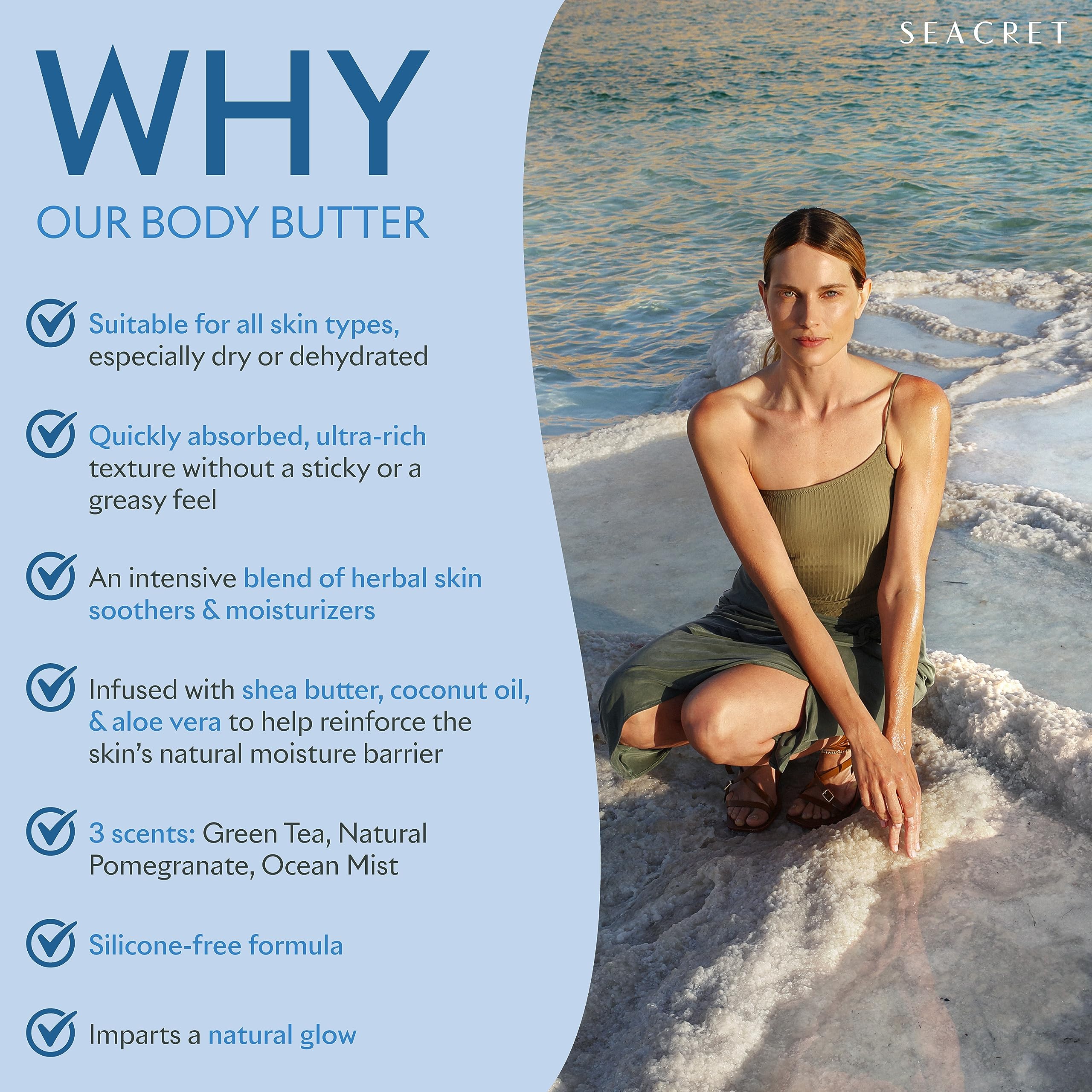 SEACRET Minerals Body Butter application hand shows creamy texture for quick absorption.