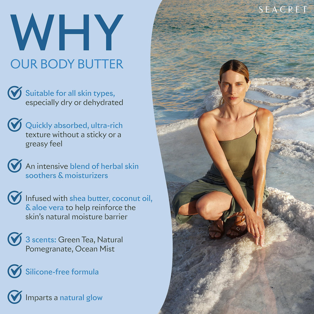 SEACRET Minerals Body Butter application hand shows creamy texture for quick absorption.