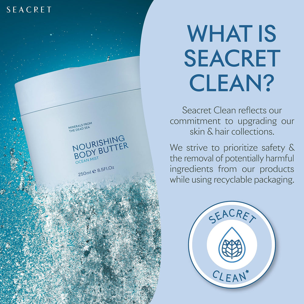 SEACRET Minerals Body Butter ingredients show shea butter, cocoa butter, olive oil for nourished skin.