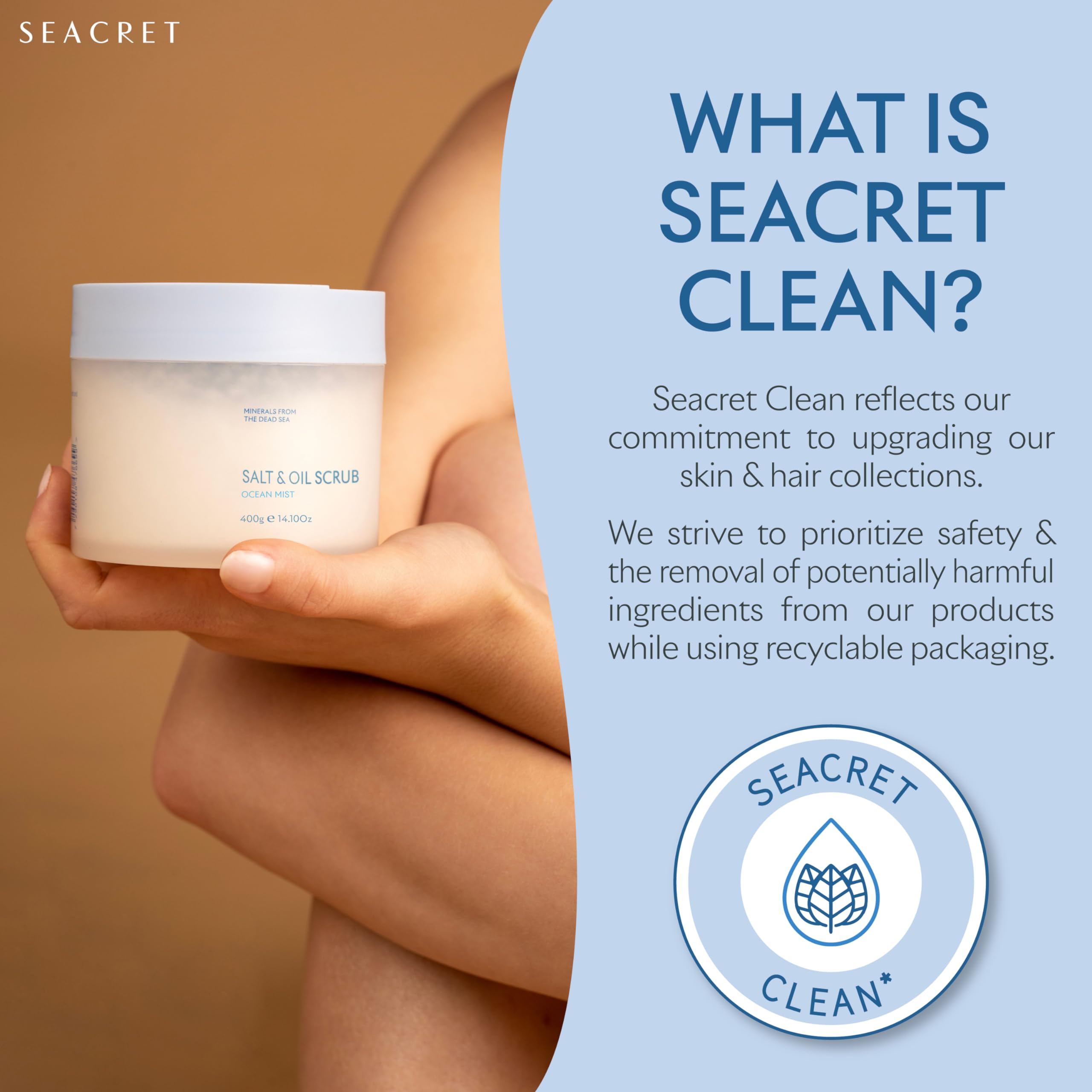 SEACRET Minerals Body Scrub Dead Sea minerals particles illustrate mineral-rich formula for nourished skin.