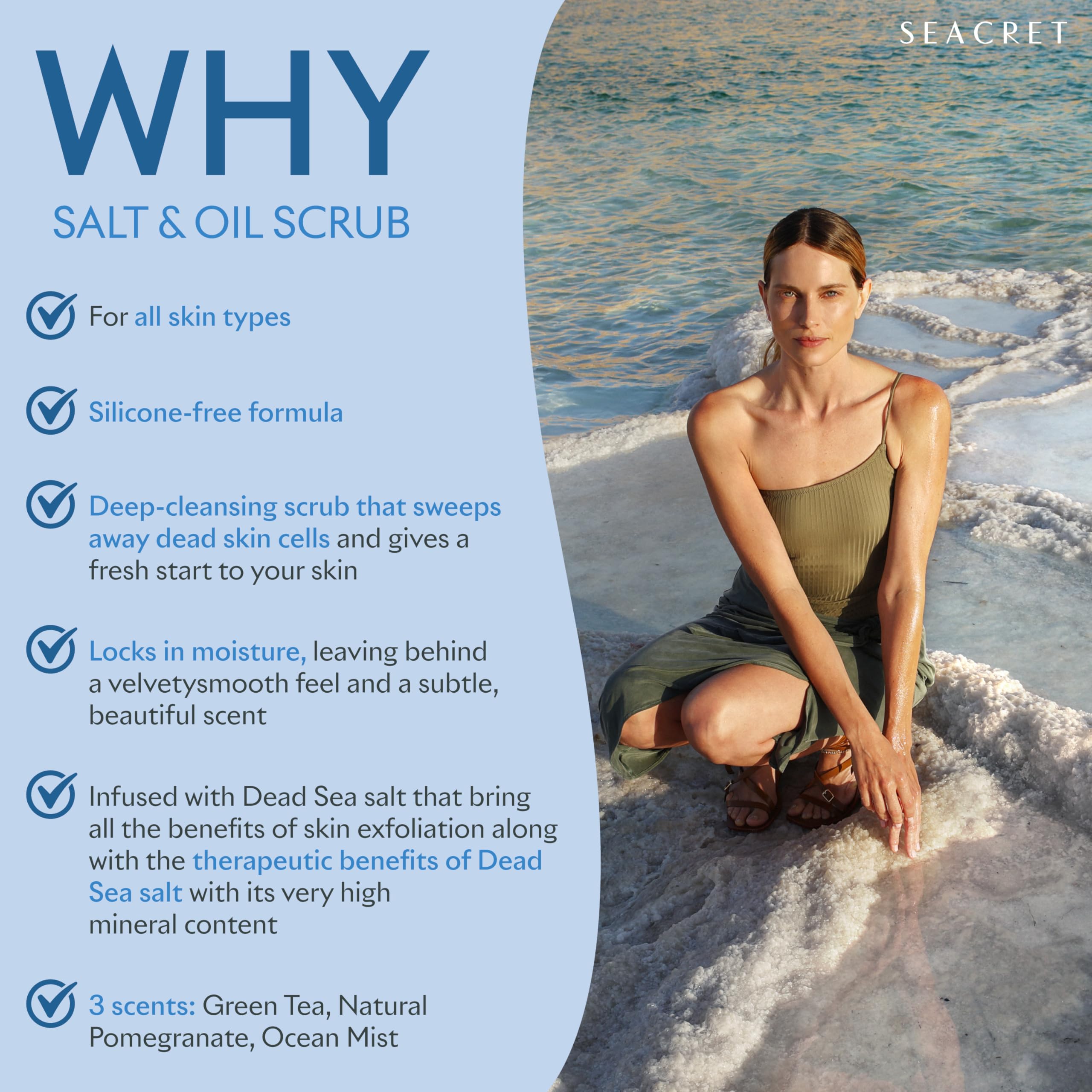 SEACRET Minerals Body Scrub shower scene illustrates easy rinse and post-use softness.