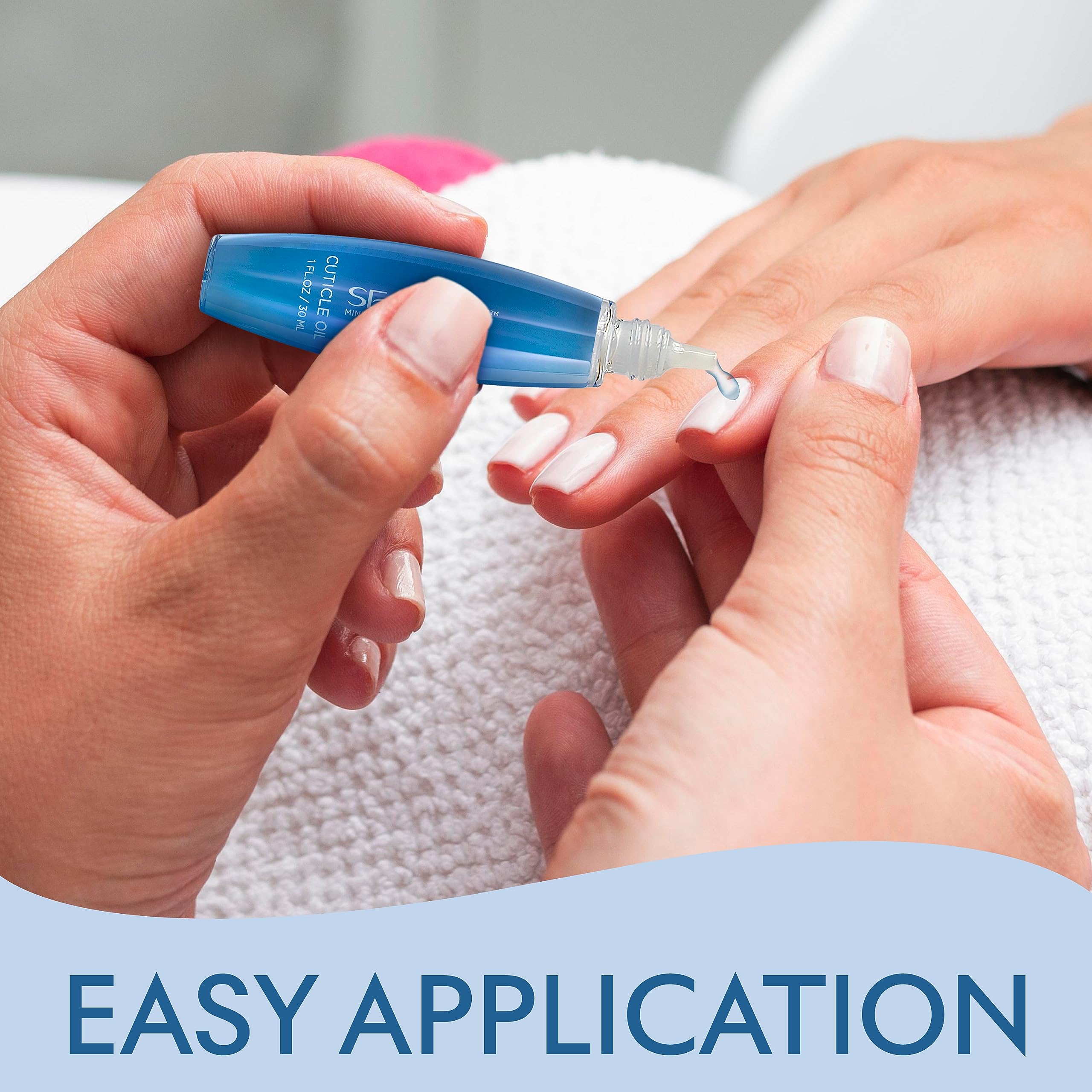 SEACRET Minerals Cuticle Oil application on nail-cuticle area demonstrates quick absorption.