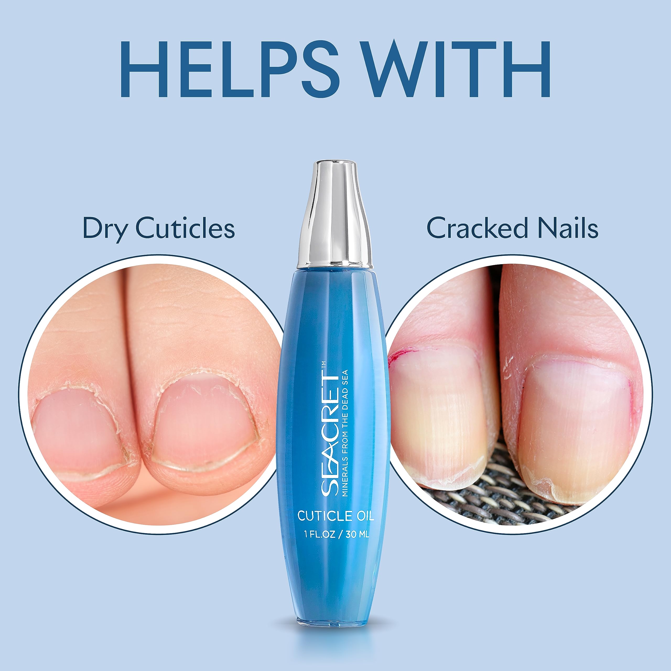 SEACRET Minerals Cuticle Oil argan jojoba blend emphasizes conditioning and soft nails.