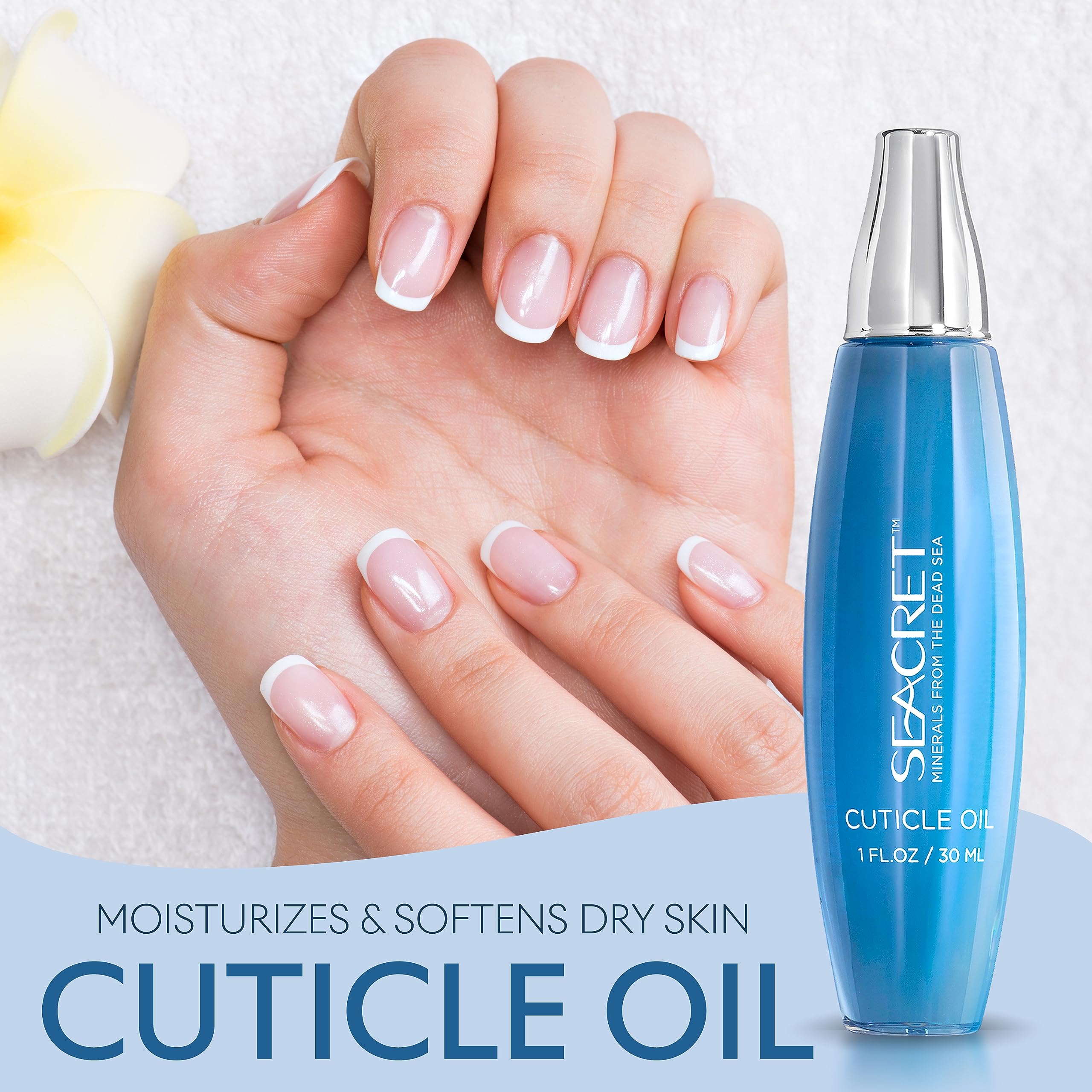 SEACRET Minerals Cuticle Oil calendula oil mix suggests soothing, moisturizing cuticles.